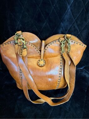 Studded Tan Leather Shoulder Bag with Antiqued Hardware